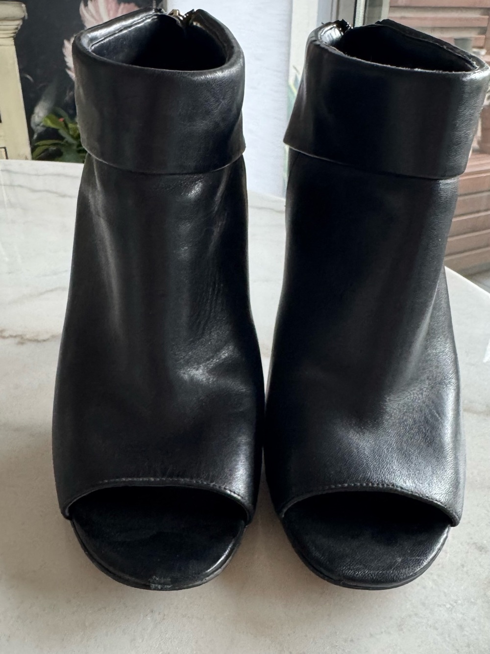 Black Leather Peep-Toe Ankle Booties - Women's